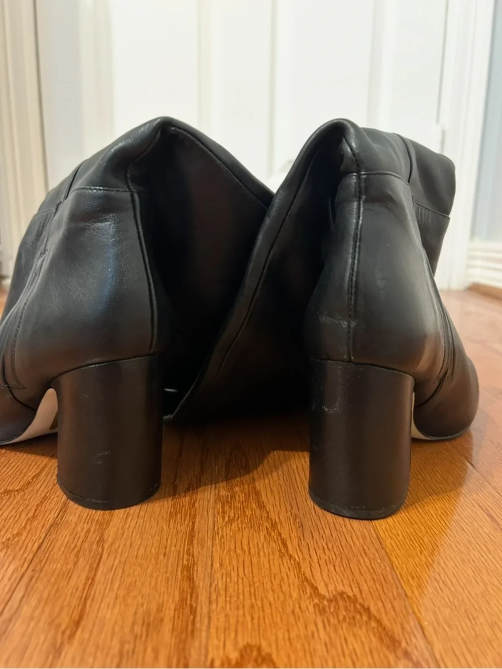 Sam Edelman Black Leather Knee High Boots Size 8 Block Heel Pointed Toe Chic